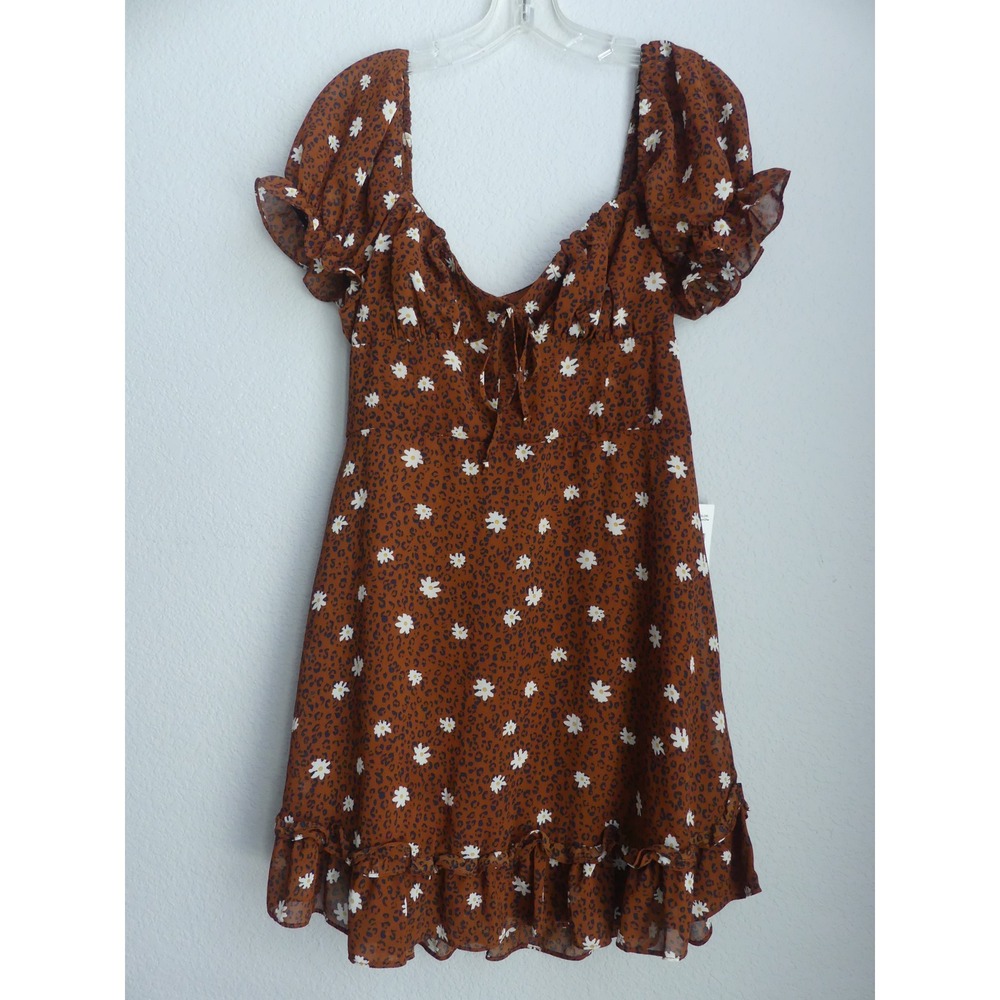 B. Smart Brown Leopard Daisy Print Mini Dress Size 13 NWT Babydoll Milkmaid